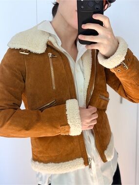 NWOT Unisex Brown Shearling Suede Jacket - Plush Lined Winter Coat Size XS-S